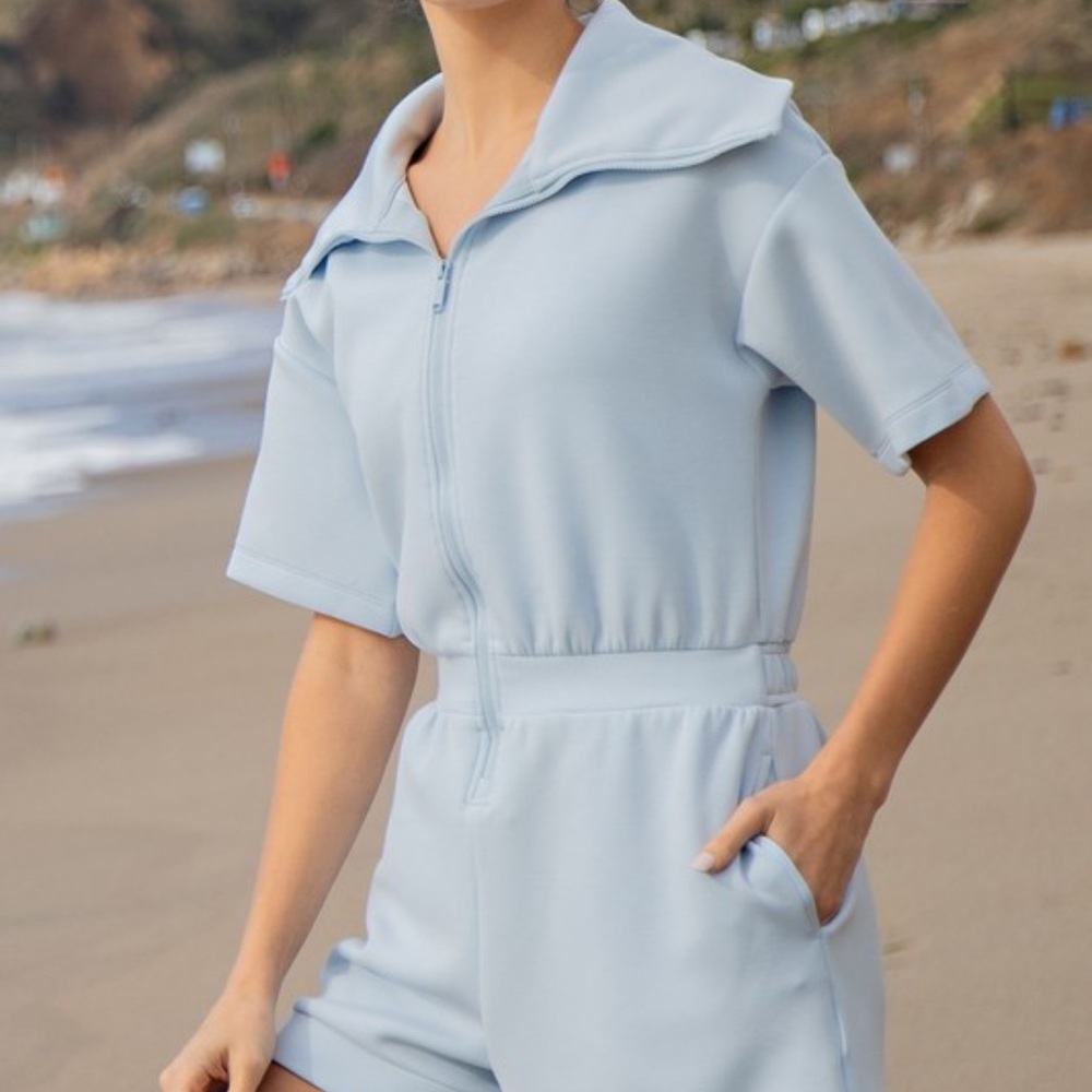 Light Blue Short-Sleeve Zip-Front Romper